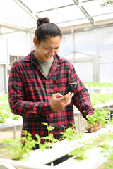 Asian young man farmer using smartphone for taking photo of vegetables in hydroponics greenhouse