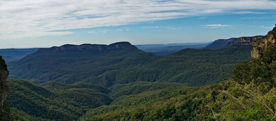 Beautiful panoramic view of mountains and valleys, Duke of York Lookout, Blue Mountain National Park, New South Wales, Australia
