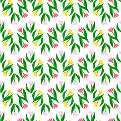 Vector seamless pattern with multi-colored flowers and green leaves on a white background. Use in fabric, wrapping paper, wallpaper, bags, clothes, dishes, cases on smartphones and tablets.