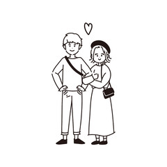 仲良しカップルのイラスト【線画・塗りなし】