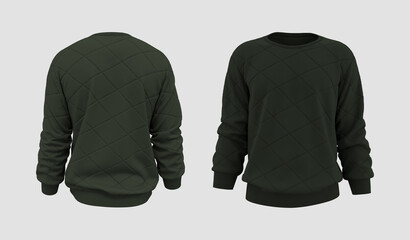 Blank puffer sweatshirt mock up in front, and back views, isolated on white, 3d rendering, 3d illustration