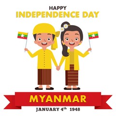 A pair of Myanmar boy and girl are celebrating Myanmar Independence Day while they are wearing traditional Myanmar clothes and holding the Myanmar flag
