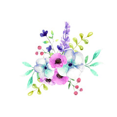 Watercolor illustration. A bouquet of flowers and plants in pastel colors. Element for design