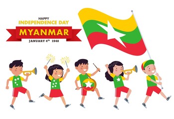 Myanmar children of various tribes are parading commemorating and celebrating the Independence day of Myanmar