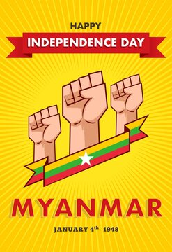Vector illustration Myanmar Independence Day on 4th January. Celebration poster with clenched fist and flag of Myanmar.
