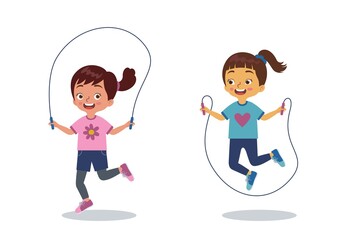 two little girls are playing jumping rope together happily