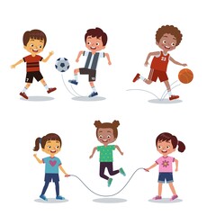 set of pictures of children exercising football, basketball and jumping rope