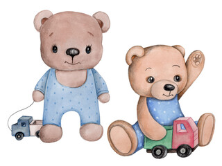 Cute pretty teddy bear. Watercolor hand drawn illustration, isolated on white background. 