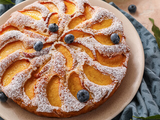 Plate with tasty peach pie, closeup