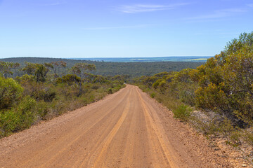 Fototapeta na wymiar sandy gravel road in the Stirling Range National Park in Western Australia