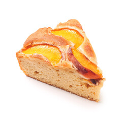 Piece of tasty peach pie on white background