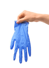 Woman with protective glove on white background