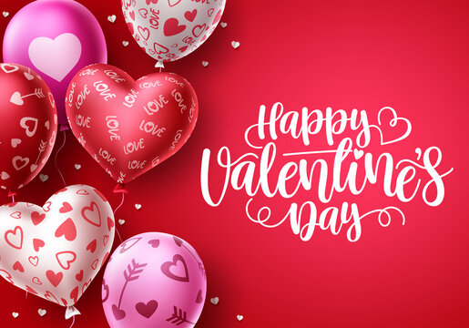 Happy valentines day heart balloons vector background.  Valentine's day greeting text with heart shape and pattern balloon elements in red background. Vector illustration. 