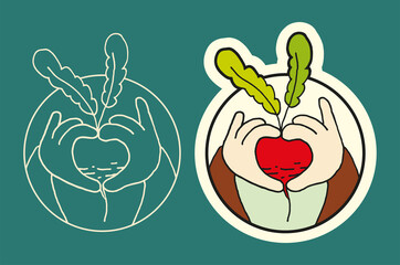 Sticker The farmer's hands are holding a large radish Drawing in doodle style