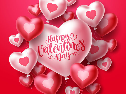 Happy valentines day vector heart design. Valentine's day greeting typography in heart shape balloon elements floating in red background. Vector illustration