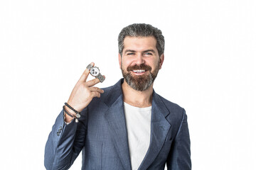 Hand in with wrist watch in a business suit. Elegant handsome man in suit. Handsome bearded businessman in classic suits. Man in suit. Male beard and mustache. Sexy male, brutal macho, hipster