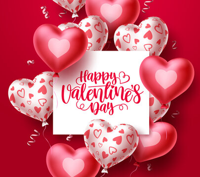 Happy valentines day vector background template. Valentine greeting text in white space with red heart balloon elements in red background. Vector Illustration.
