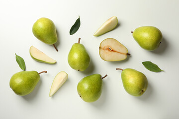 Fresh green pears on white background, top view