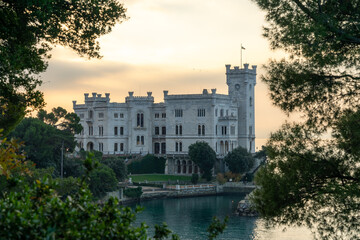 Fototapeta na wymiar Miramare castle with gardens on the gulf of Trieste, northeastern Italy, built by Austrian Archduke Maximilian in 19th century