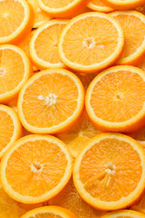 Texture of sliced orange, fresh and healthy fruit, which is rich in juice and vitamin c. Orange background.