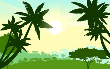 Palm trees. Jungle silhouette. Rainforest. Panoramic landscape. The morning sun is on the horizon. Dense rainforest with exotic trees. Vector