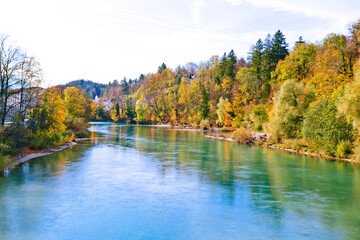 Lechfall waterfall and autumn forest in Fussen, Bavaria, Germany.