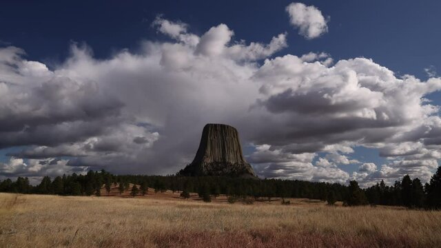 Devils Tower Time Lapse From Field As Clouds Pass Overhead