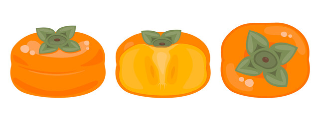 Orange ripe persimmon, top persimmon, cut persimmon, vector illustration