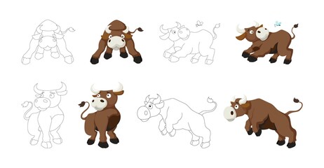 Vector cartoon style illustration of bull farm animal coloring book page set