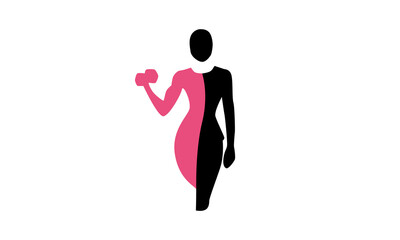 Abstract vector of a woman in pink and black. Half of the body is in a business skirt suit and the other in flexing a muscle and holding a dumbbell. Represents woman balancing work and exercise.