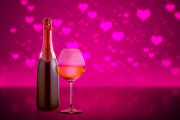 The Wine bottle and glass served for celebrating Valentine's party