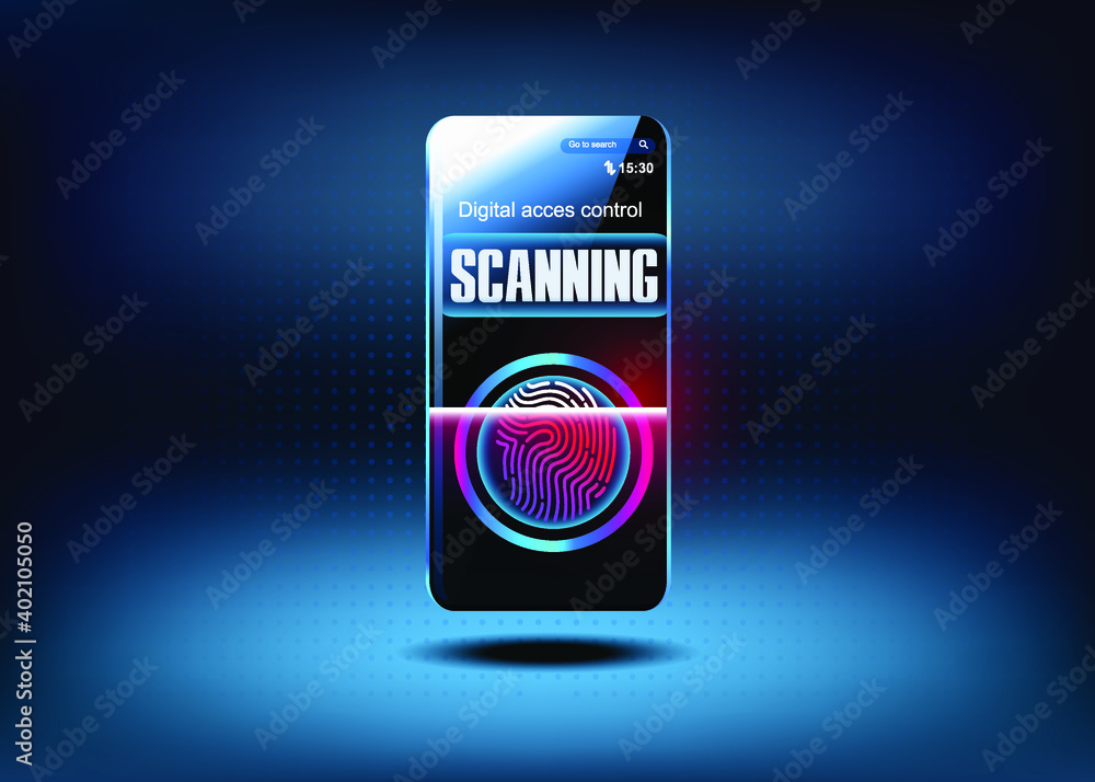 Poster phone with secure fingerprint login. the phone asks for access to the entrance through a passcode or