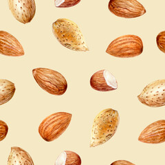 Watercolor seamless pattern almond on color background