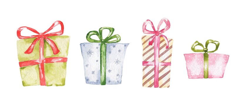 Watercolor Christmas gift box with ribbon on white background. 