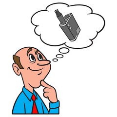 Thinking about a Micro Vape Pen - A cartoon illustration of a man thinking about a Micro Vape Pen.