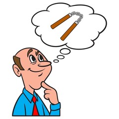 Thinking about a Pair of Nunchaku - A cartoon illustration of a man thinking about a pair Nunchaku.
