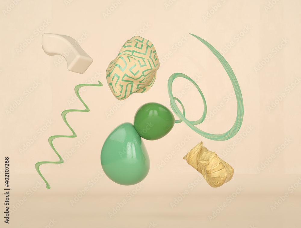 Poster the abstract fantasy geometric composition. neutral background. sand color. green. 3d illustration. 