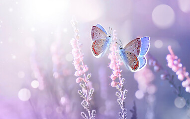 Two lilac butterfly on Lavender flowers in rays of summer sunlight in spring outdoors macro in...
