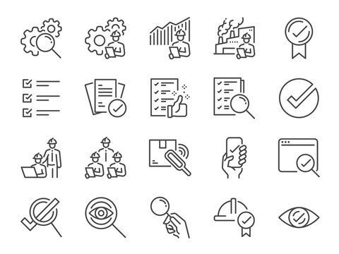Inspection line icon set. Included the icons as inspect, QA, qualify, quality control, check, verify, and more.
