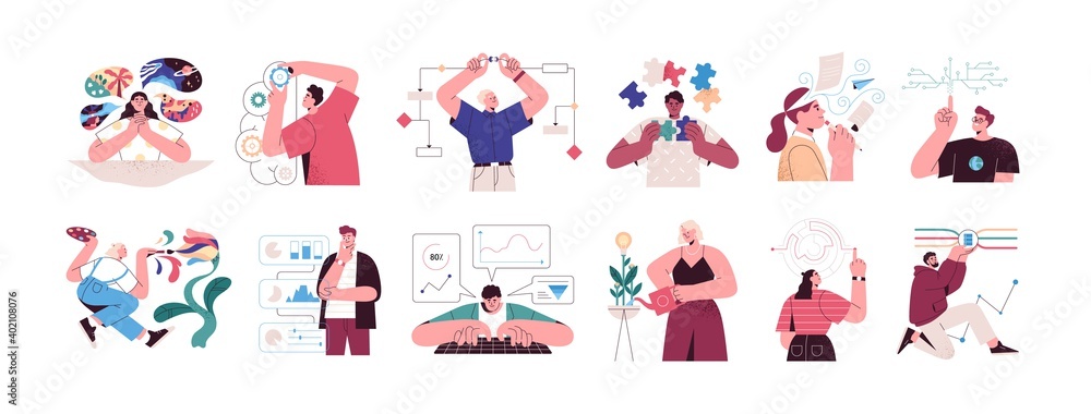 Poster set of people with different mental mindset types or models: creative, imaginative, logical and stru