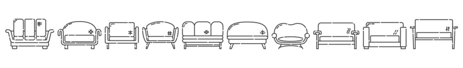 Comfortable sofa with pillow. Ten modern stylish object in row for relaxation. Image of couch in line art style. Element furniture of the interior. Flat illustration with settee on white background