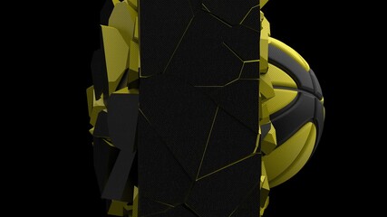 Baseball breaking with great force through wall under spot light background. 3D high quality rendering.