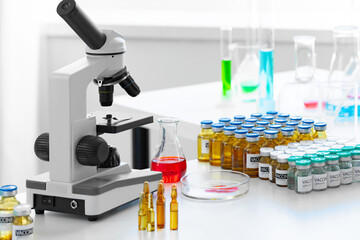 Scientific healthcare research background with microscope in medical laboratory