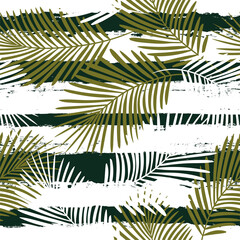 Tropical pattern, palm leaves seamless vector floral background. Leaves of palm tree on paint lines. Exotic plant on stripes. Summer nature jungle print. brush strokes print