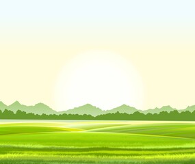 Rural landscape. Hills and meadows. Pastures and farmland. Beautiful nature view. The horizon is distant. Country farm land plot. Illustration. Vector