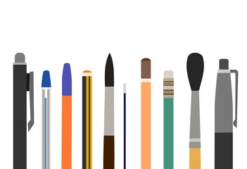Stationery. Horizontal background picture for art studio, stationery store, school. Isolated object. Brushes, pencils, felt-tip pens.  Bottom frame for banner, poster, business card. Vector