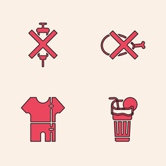 Set Fresh smoothie, No doping syringe, meat and Sport track suit icon. Vector.