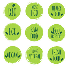 Organic, Eco, Bio, Vegan, Fresh, Natural Food Products Label Stamp. Green Healthy Logo Collection, Vector Icon Circle Element