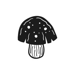 Little mushroom. Ink vector illustration. Linocut print. Black monochrome design. Botanic, nature.