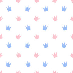 Watercolor seamless pattern of pink and blue crowns on a white background.